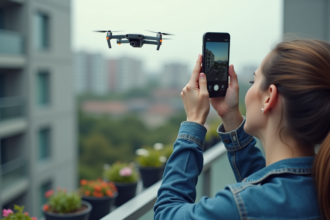 Femme en denim capture un drone depuis son balcon