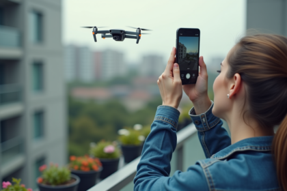 Femme en denim capture un drone depuis son balcon