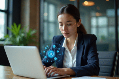 Femme professionnelle regardant une projection blockchain au bureau