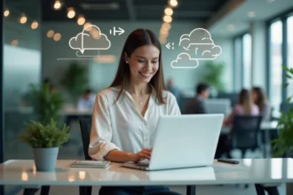 Jeune femme professionnelle concentrée devant son ordinateur au bureau