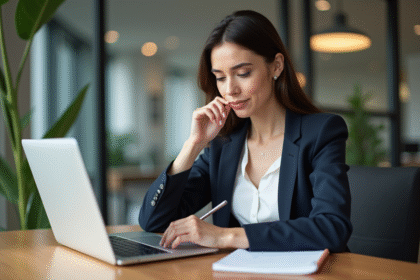 Femme professionnelle en bureau moderne en train de prendre des notes