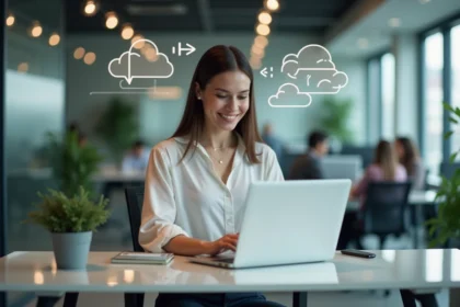Jeune femme professionnelle concentrée devant son ordinateur au bureau