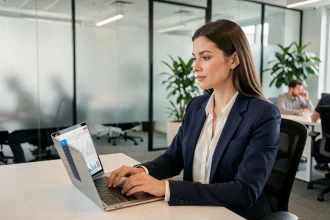 Femme professionnelle utilisant un logiciel de fonctionnalités avancées sur un ordinateur portable dans un bureau moderne