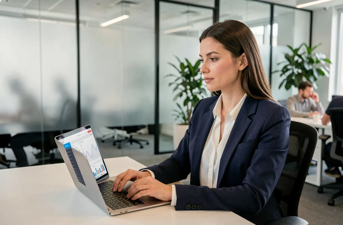 Femme professionnelle utilisant un logiciel de fonctionnalités avancées sur un ordinateur portable dans un bureau moderne