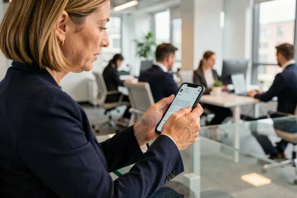 Femme professionnelle consultant ses mails professionnels sur un téléphone Google Pixel dans un bureau moderne