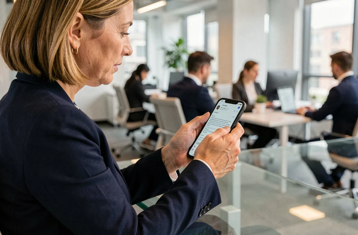 Femme professionnelle consultant ses mails professionnels sur un téléphone Google Pixel dans un bureau moderne