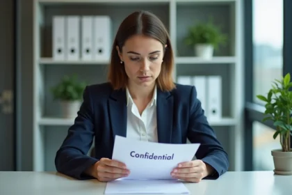 Femme professionnelle lisant un document confidentiel au bureau