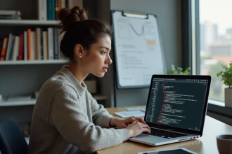 Femme professionnelle concentrée sur son ordinateur en home office