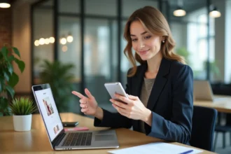 Jeune femme professionnelle expliquant stratégie social media