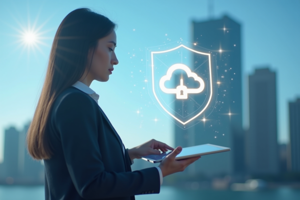 Femme avec tablette affichant un bouclier cloud en extérieur