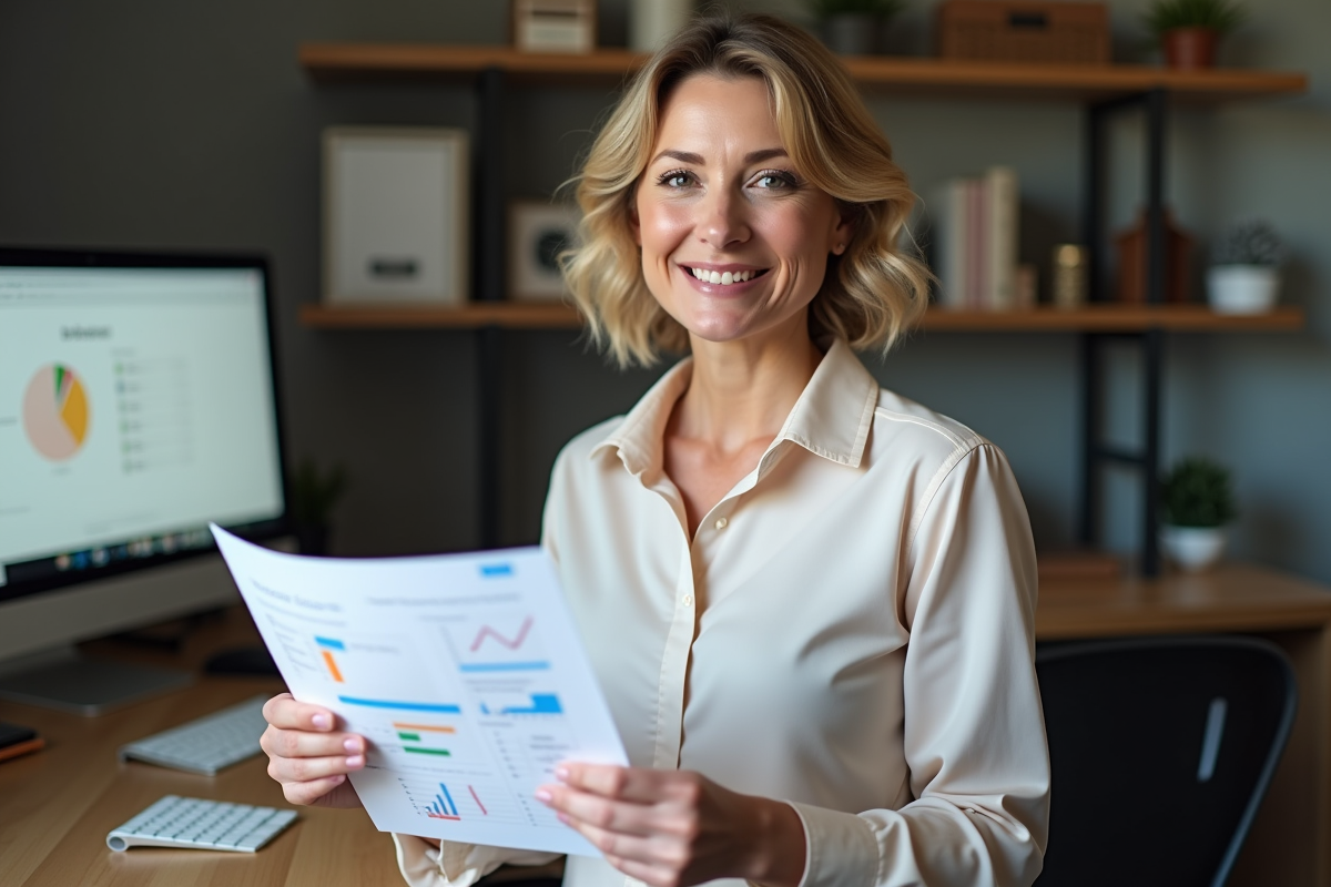 Femme souriante tenant un rapport dans un bureau à domicile