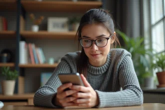 Femme consultant une photo sur son smartphone pour retrouver quelqu'un sur les réseaux sociaux