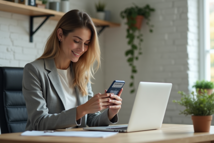 Femme en bureau scannant un QR code sur son ordinateur