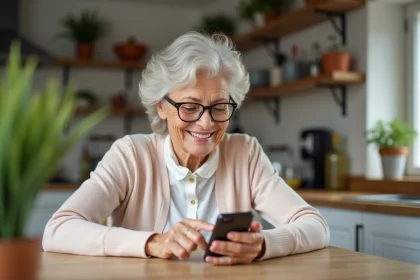 Femme senior utilisant un smartphone dans la cuisine
