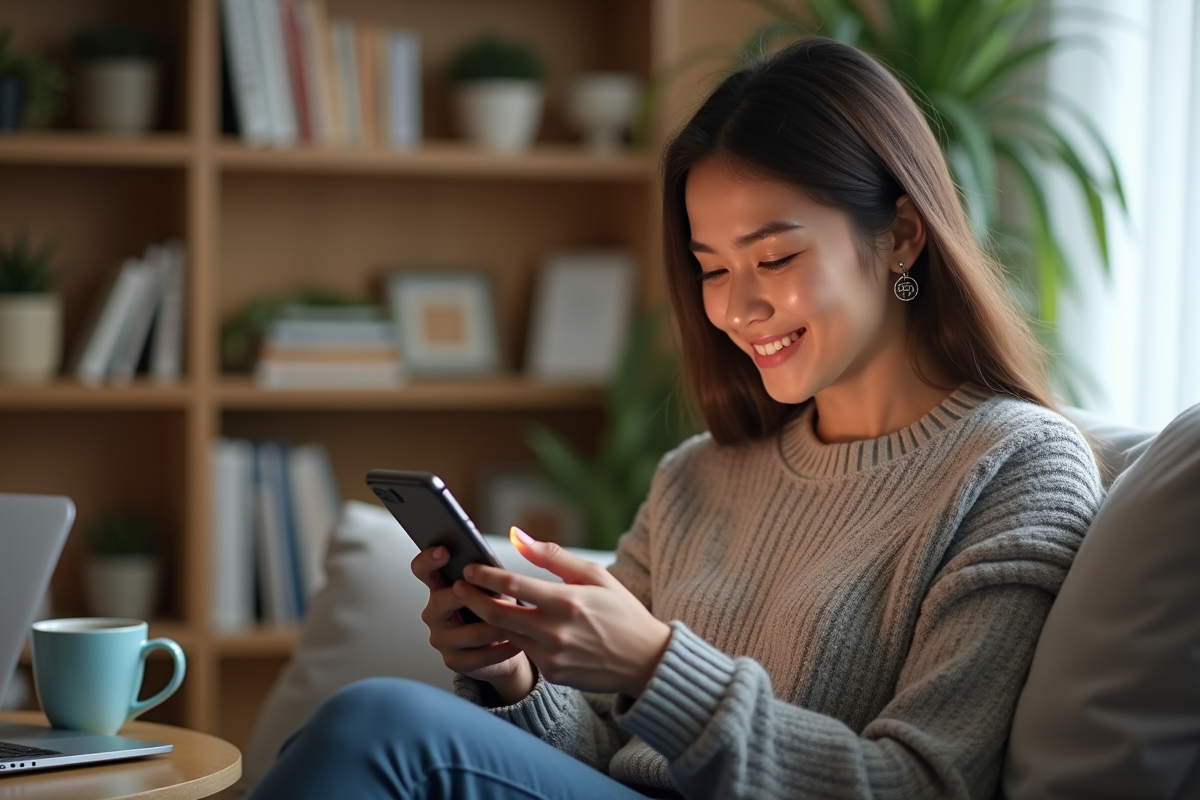 Jeune femme souriante utilisant son smartphone dans un salon cosy