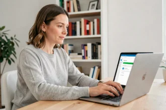 Femme utilisant un service de transfert de fichiers en ligne sur son ordinateur portable dans un bureau à domicile moderne