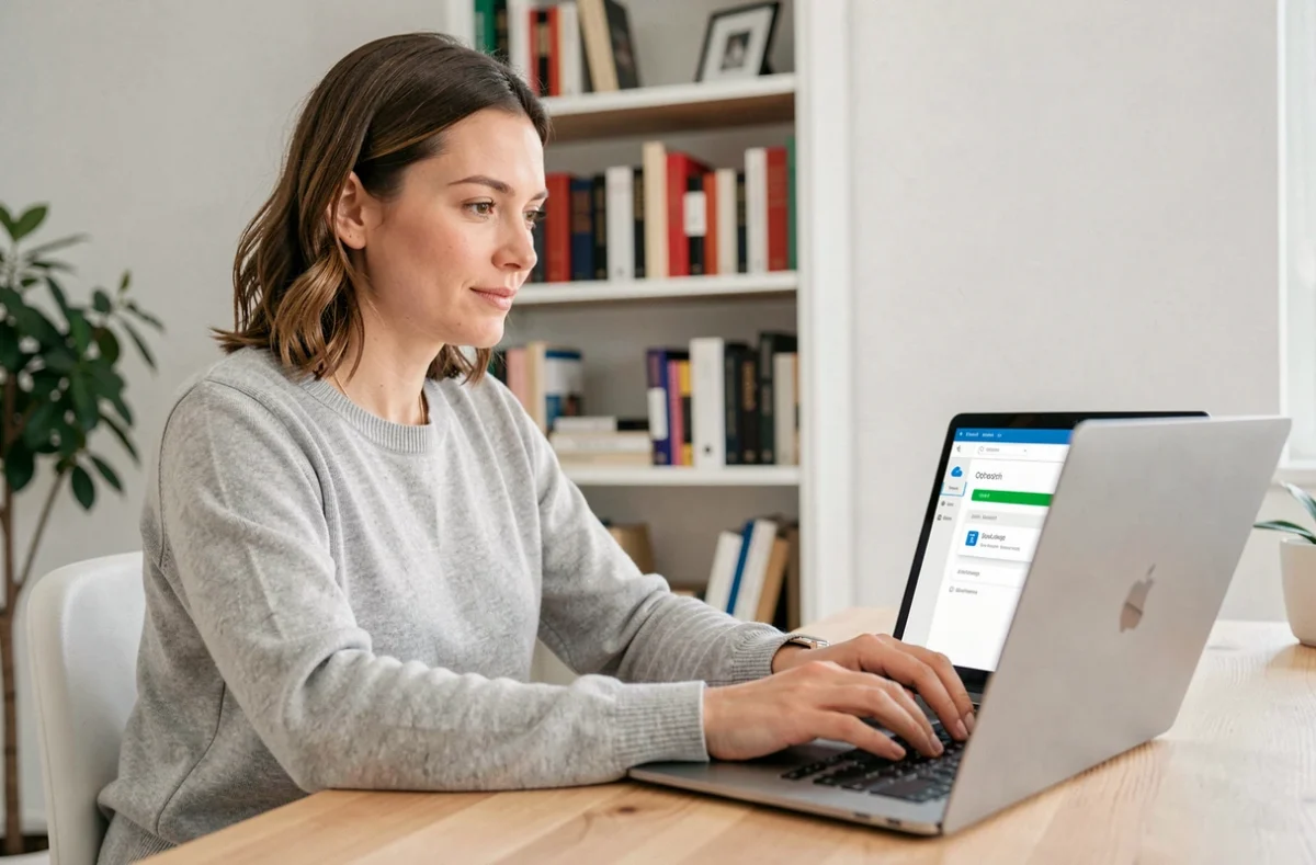 Femme utilisant un service de transfert de fichiers en ligne sur son ordinateur portable dans un bureau à domicile moderne