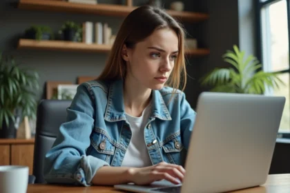 Jeune femme frustrée devant son ordinateur en home office