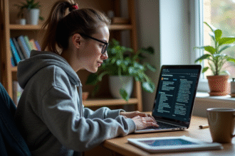 Jeune femme concentrée travaillant sur son ordinateur portable dans un bureau moderne