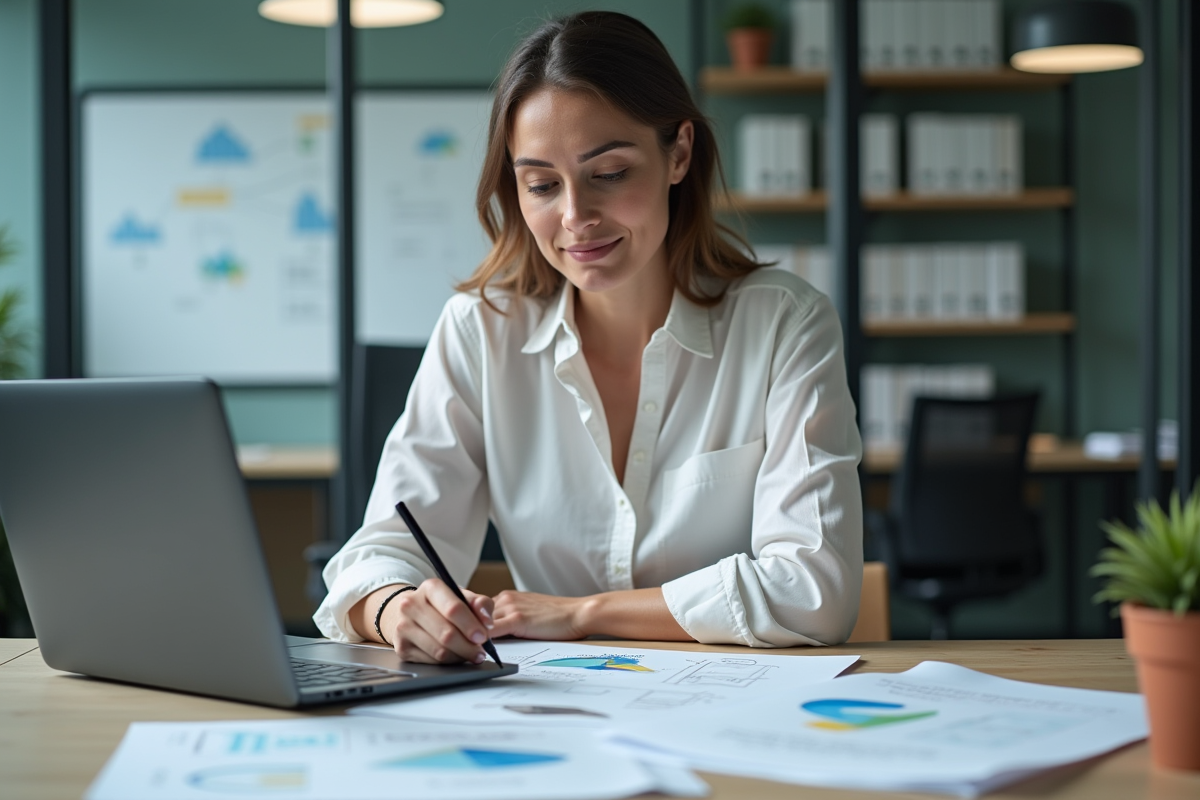 Femme concentrée travaillant sur des diagrammes et notes