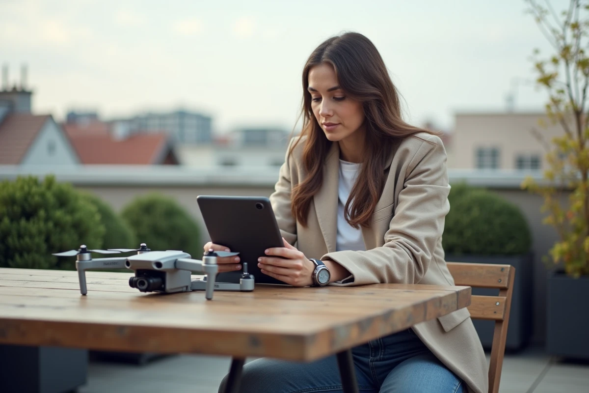 Femme sur un rooftop réglant un drone avec une tablette
