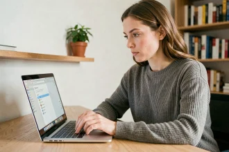Femme utilisant un MacBook avec précaution pour fermer une application en toute sécurité sur macOS