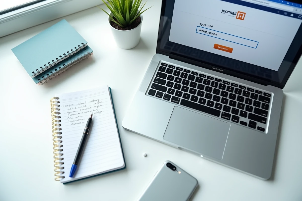 Vue aérienne d'un ordinateur affichant une adresse email temporaire Yop Mail avec un carnet de notes pour illustrer l'anonymat en ligne et la protection contre le traçage