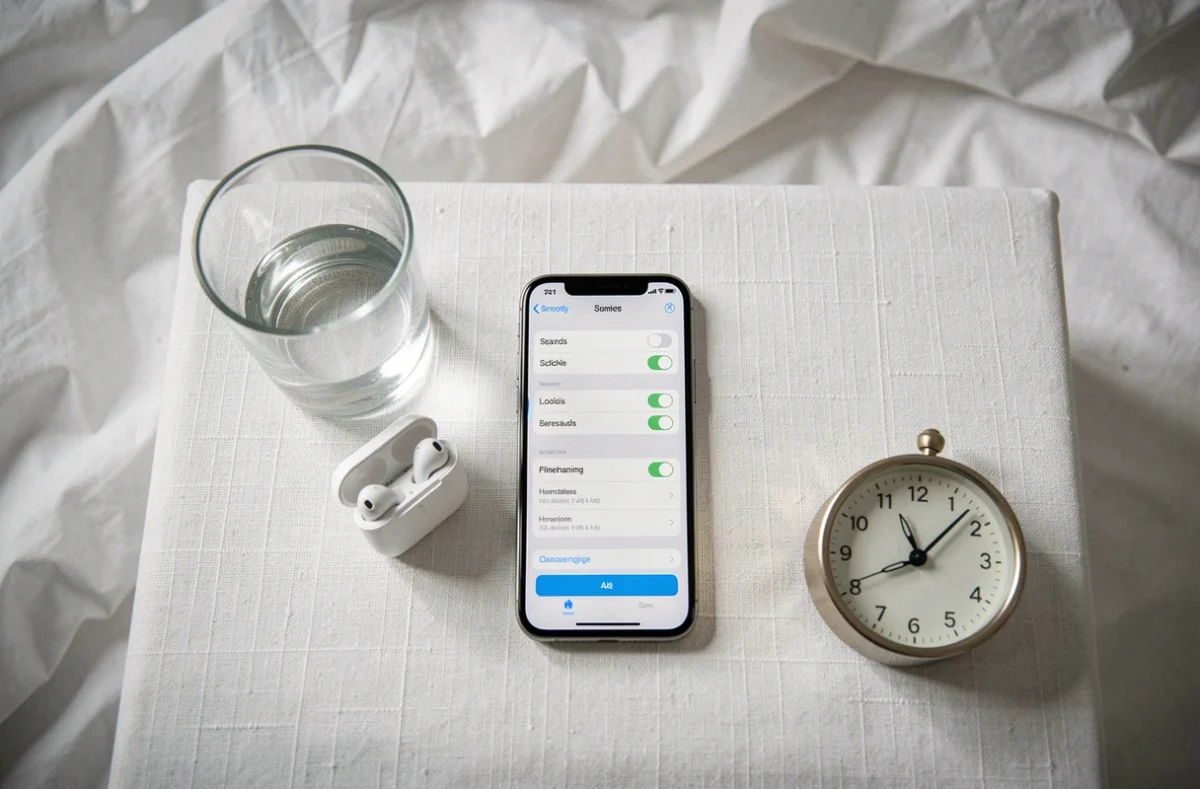 Flat-lay d'un iPhone affichant les réglages d'alarme sur une table de chevet en 2026
