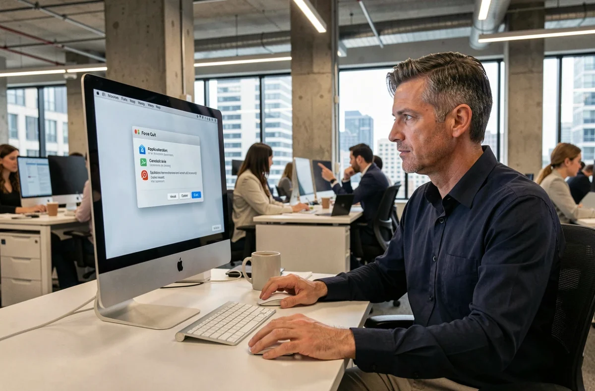 Homme en bureau professionnel consultant la fenêtre Forcer Quitter d'une application sur un iMac