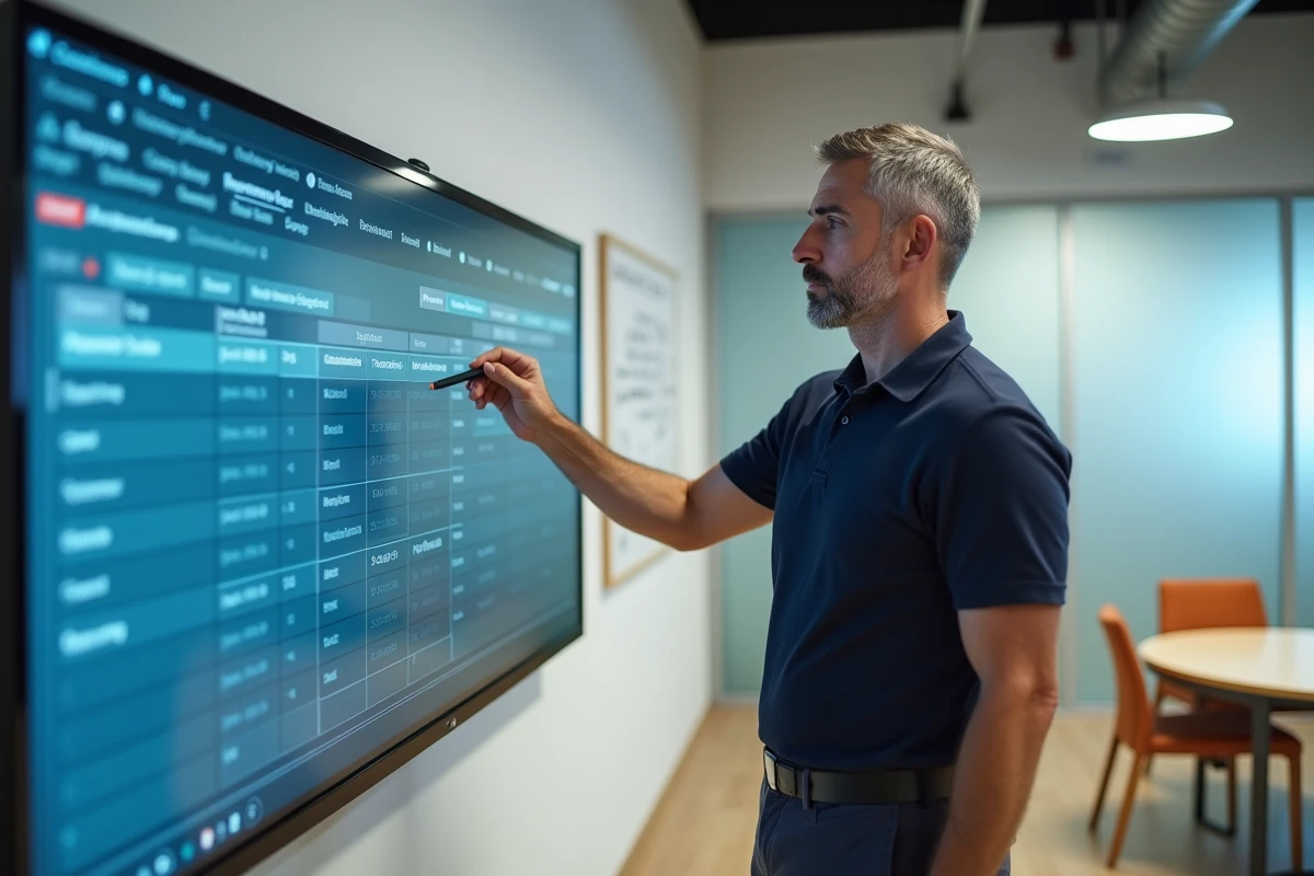 Formateur expliquant une interface logicielle d'extraction de données devant un grand écran