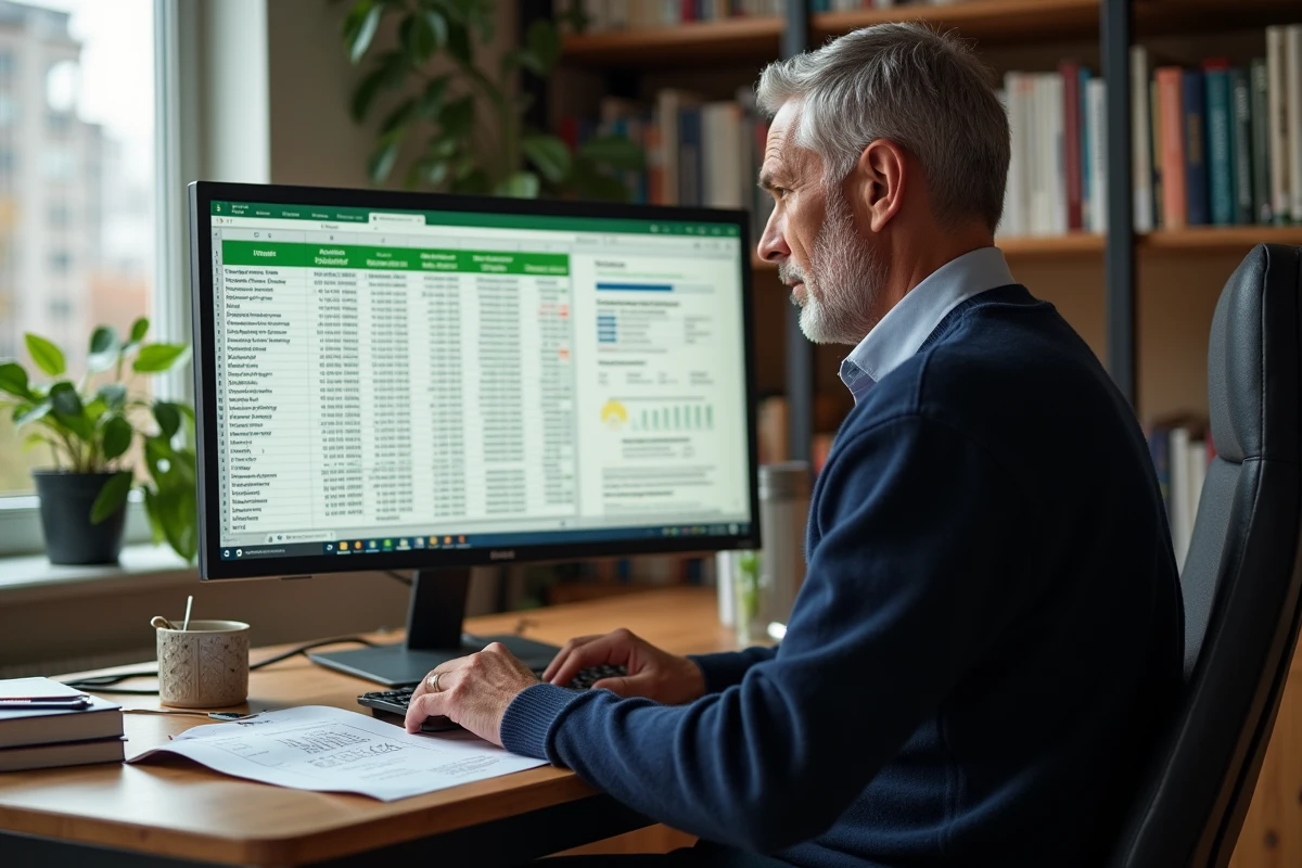 Homme travaillant sur des formules Excel de moyenne et moyenne pondérée depuis son bureau à domicile
