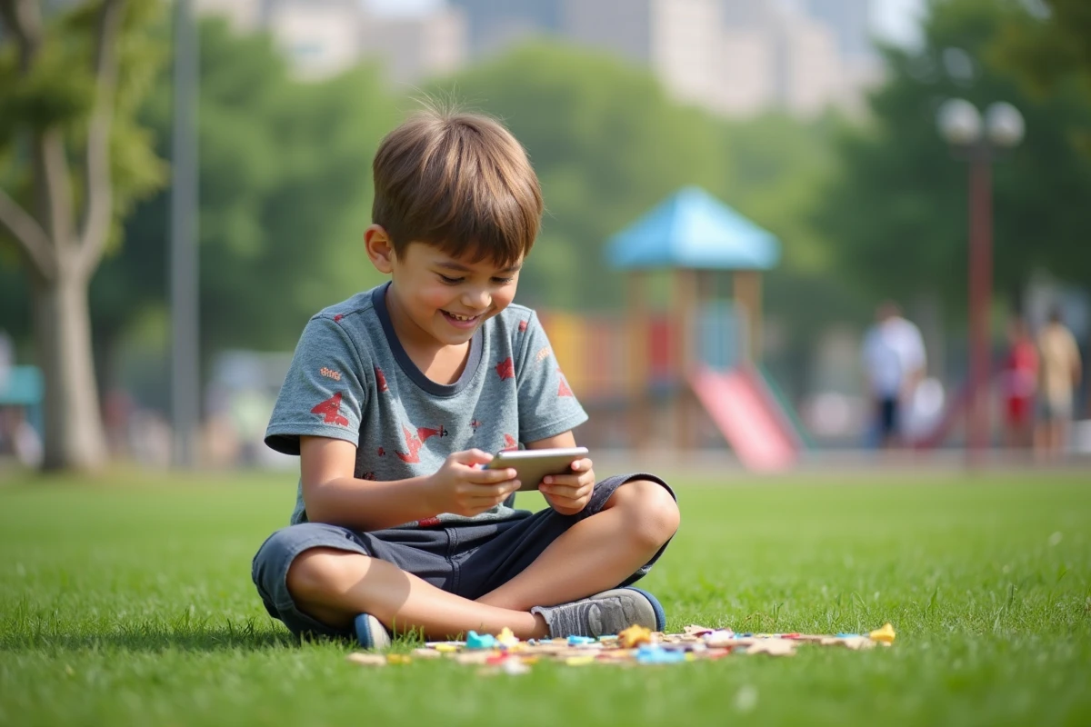 Garçon souriant jouant avec un puzzle dans un parc