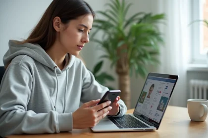 Jeune femme gérant deux comptes Instagram sur smartphone et ordinateur portable, illustrant les erreurs à éviter lors de la création d'un deuxième compte