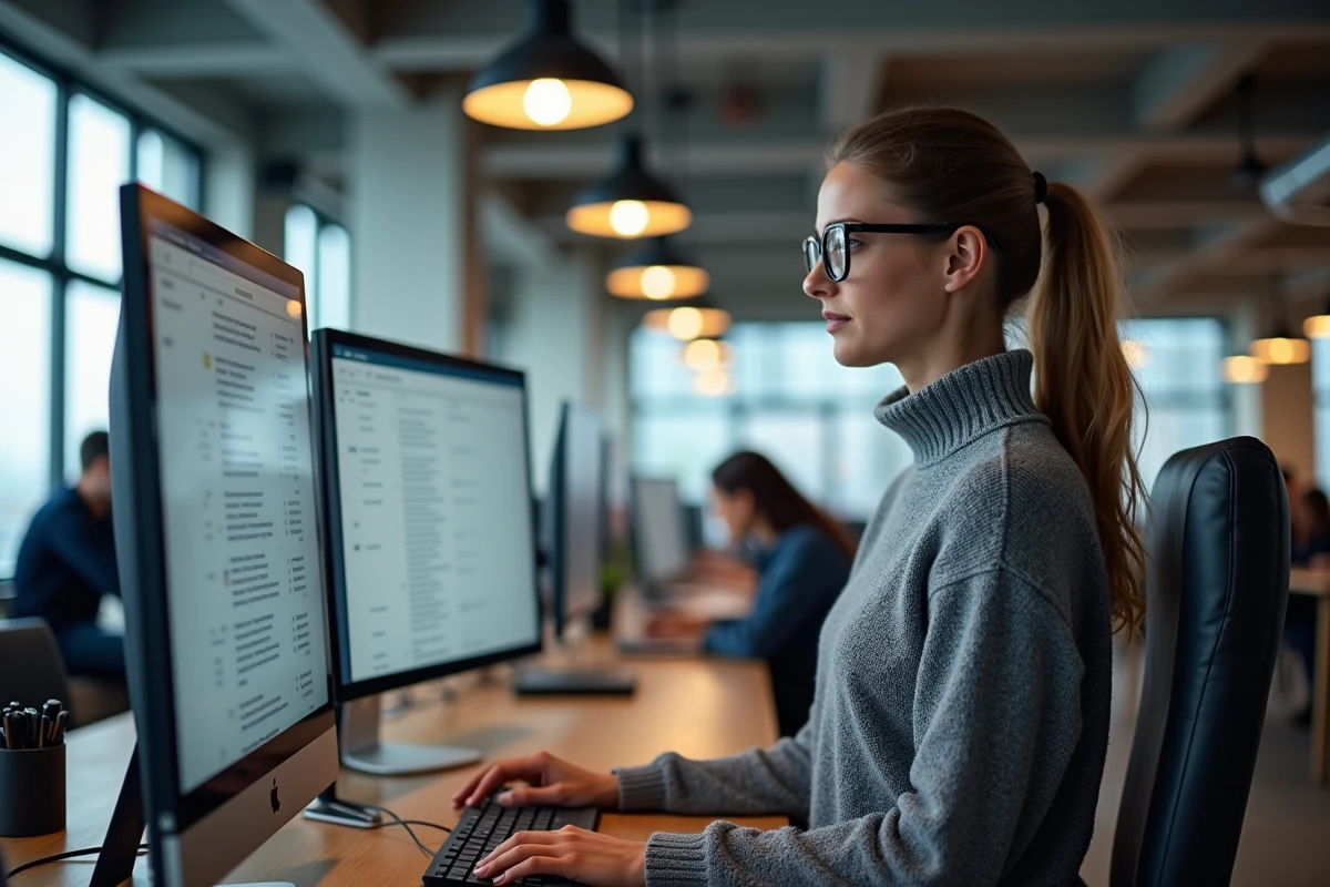 Jeune professionnelle gérant plusieurs adresses email pro dans un webmail sur double écran dans un espace de coworking