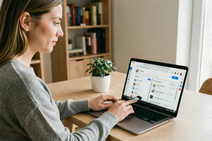 Femme gérant son historique Google sur un ordinateur portable dans un bureau à domicile moderne