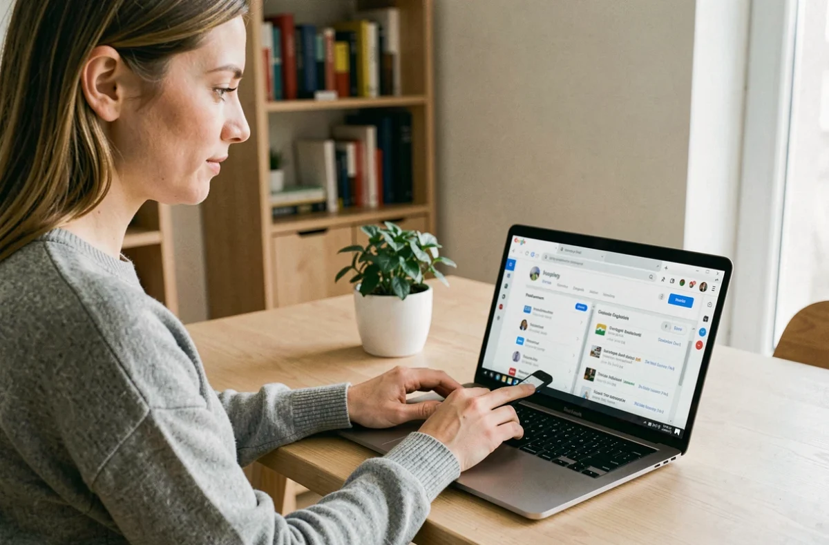 Femme gérant son historique Google sur un ordinateur portable dans un bureau à domicile moderne