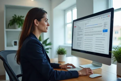 Femme professionnelle gérant plusieurs adresses email dans un webmail sur un ordinateur de bureau en open space