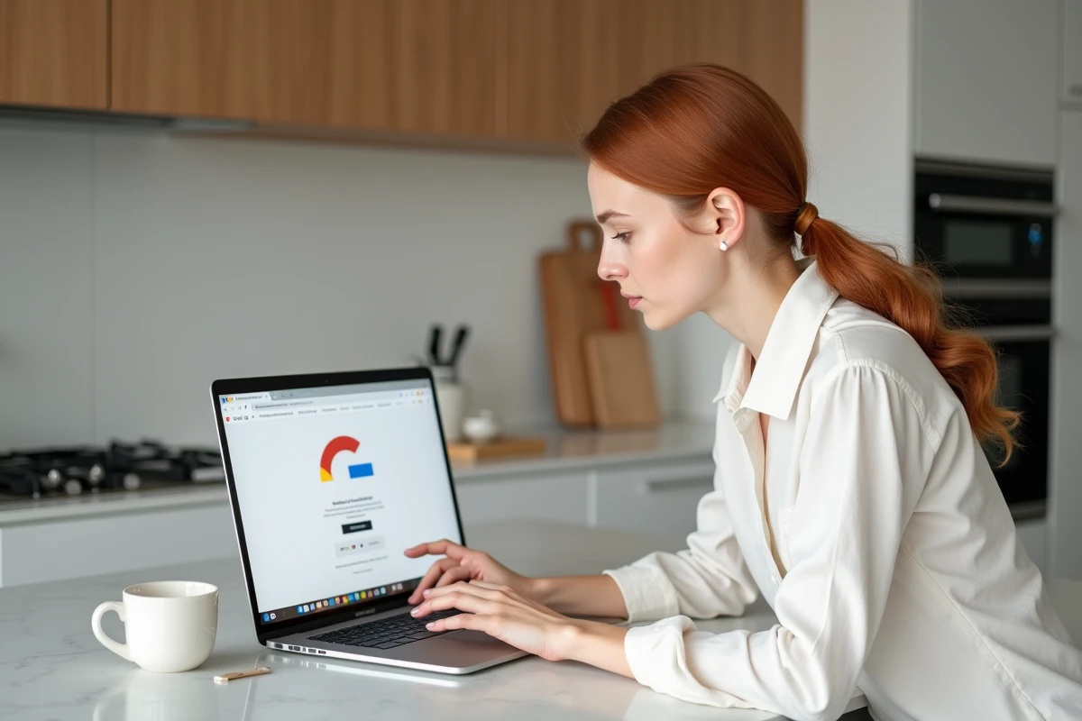 Jeune femme utilisant Google Lens dans le navigateur Brave sur MacBook dans une cuisine moderne