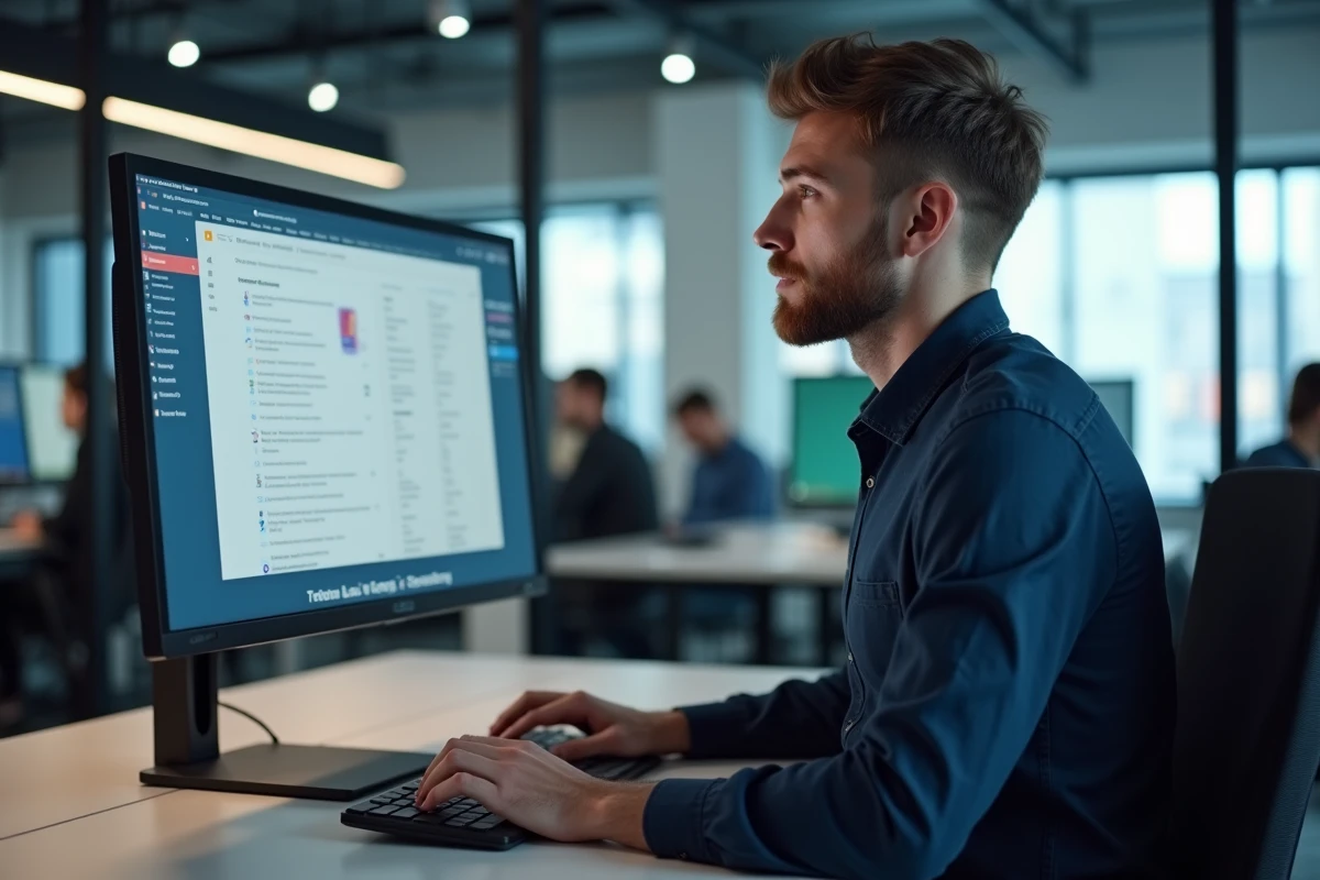 Homme activant Google Lens dans Microsoft Edge sur un ordinateur de bureau en open space professionnel