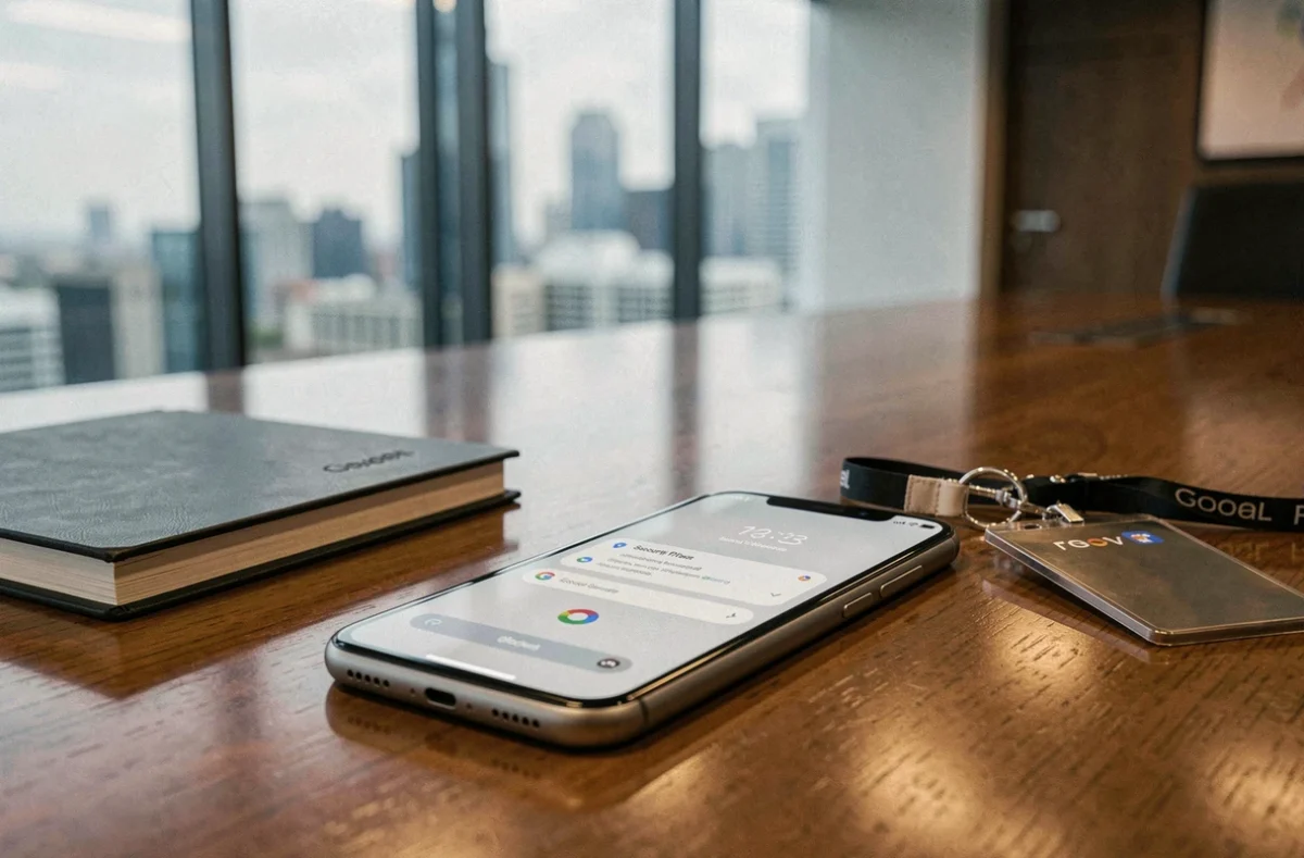 Smartphone Google Pixel posé sur une table de salle de réunion avec interface de sécurité professionnelle