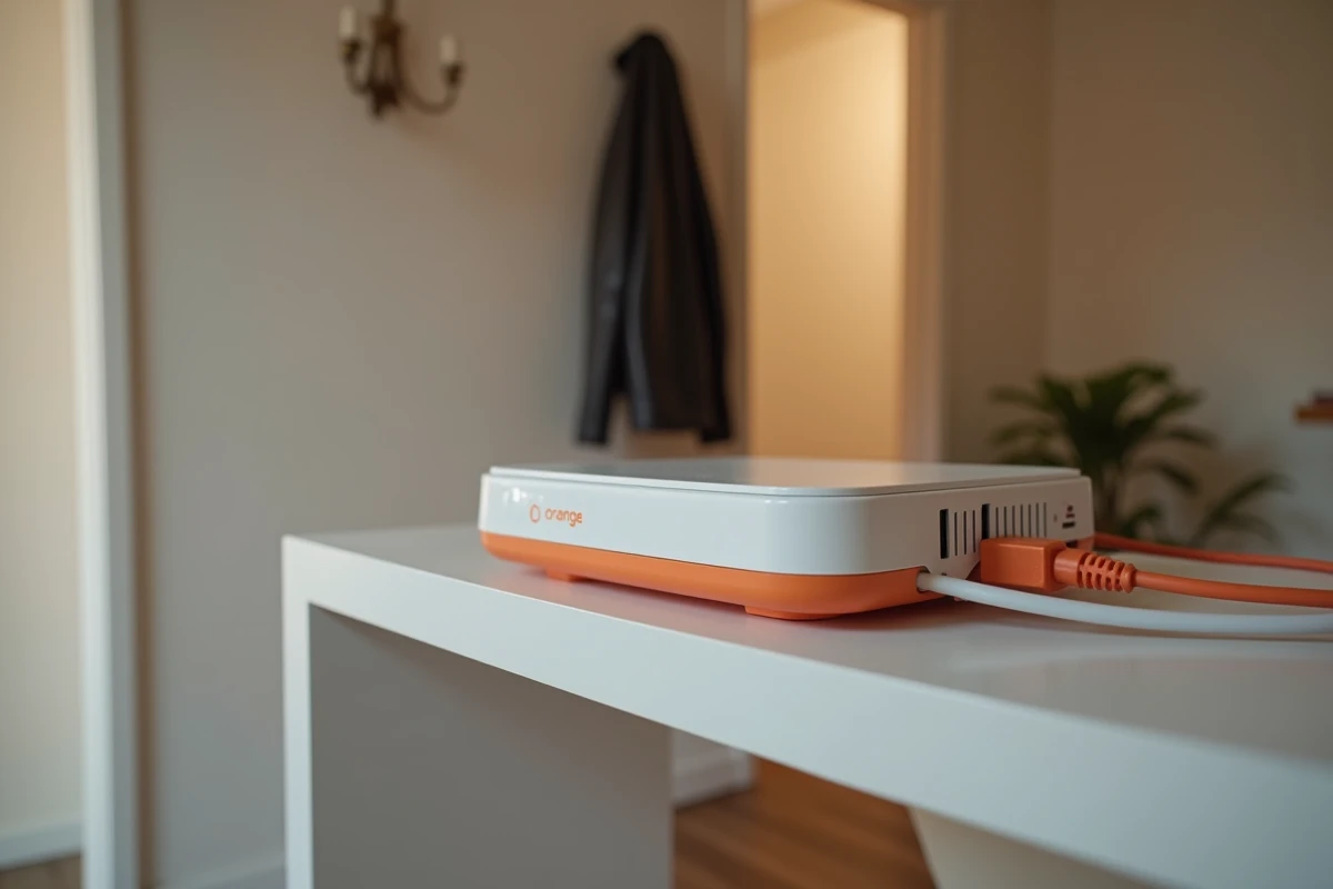 Gros plan sur le voyant blanc clignotant d'une box Orange posée sur une étagère dans un couloir