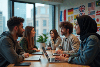 Groupe d'étudiants en cybersecurite dans une salle moderne