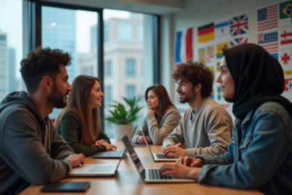 Groupe d'étudiants en cybersecurite dans une salle moderne