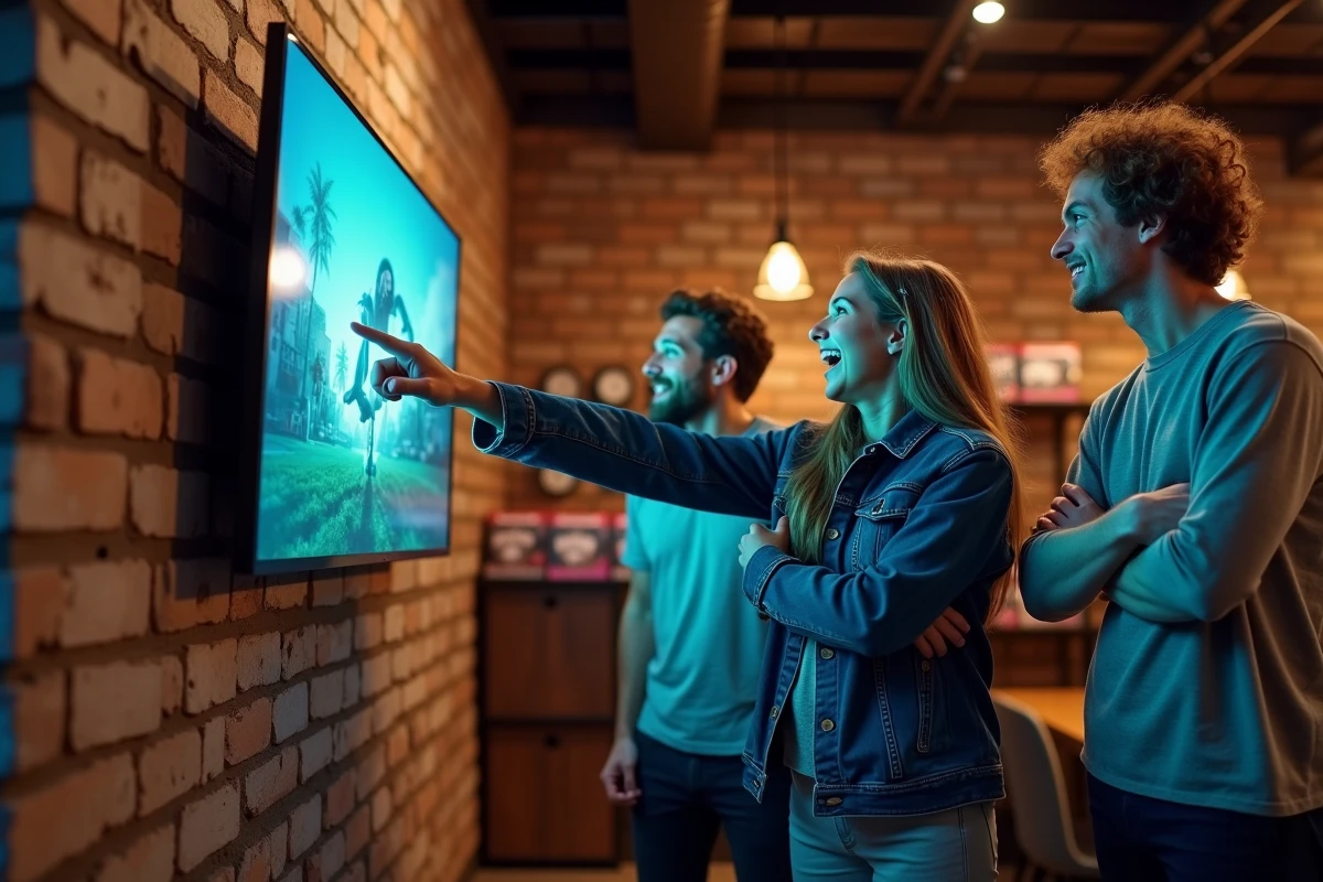 Groupe de joueurs adultes réagissant avec enthousiasme à l'annonce d'exclusivités Xbox dans un salon de jeu urbain