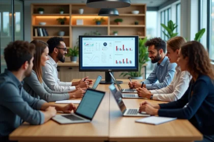 Groupe de professionnels collaborant dans un bureau lumineux