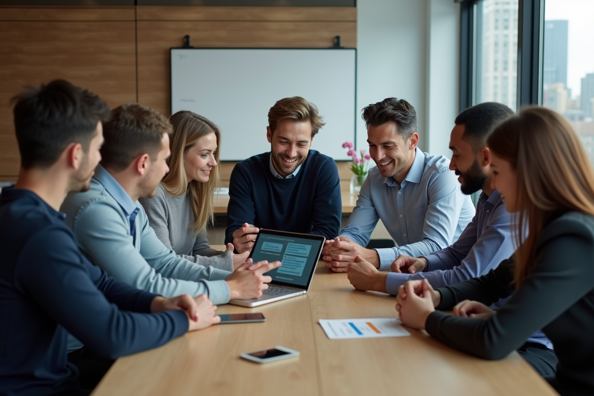 Groupe diversifié en réunion avec tablette et chatbot