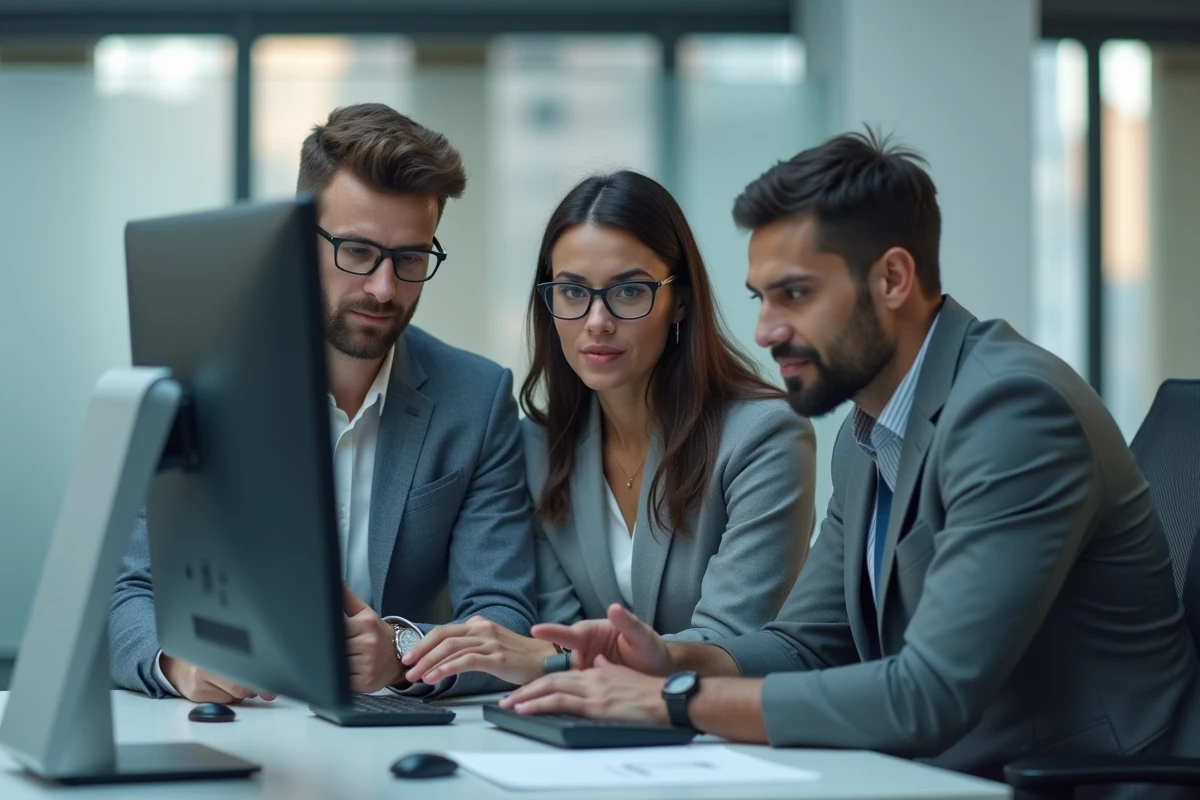 Trois collègues divers discutant autour d’un ordinateur au bureau