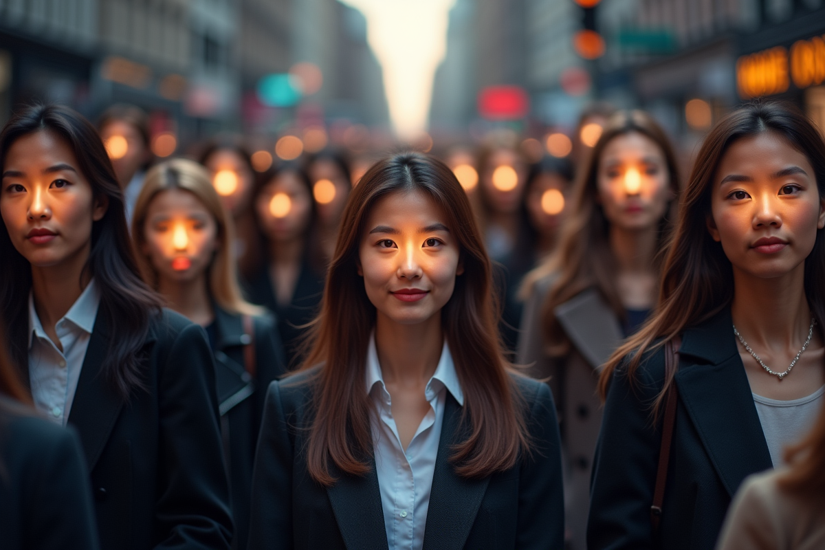 Groupe de personnes dans la rue avec avatars numériques