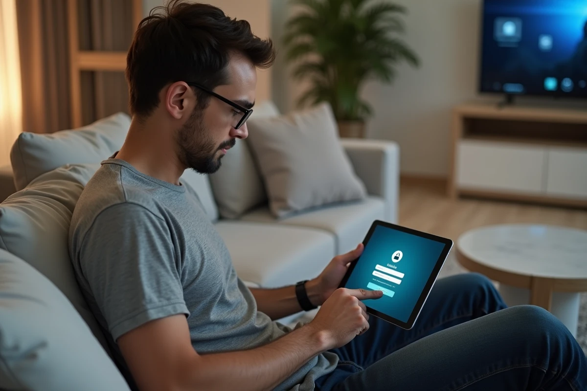 Homme connecté à une plateforme vidéo à la demande sur une tablette dans un salon contemporain