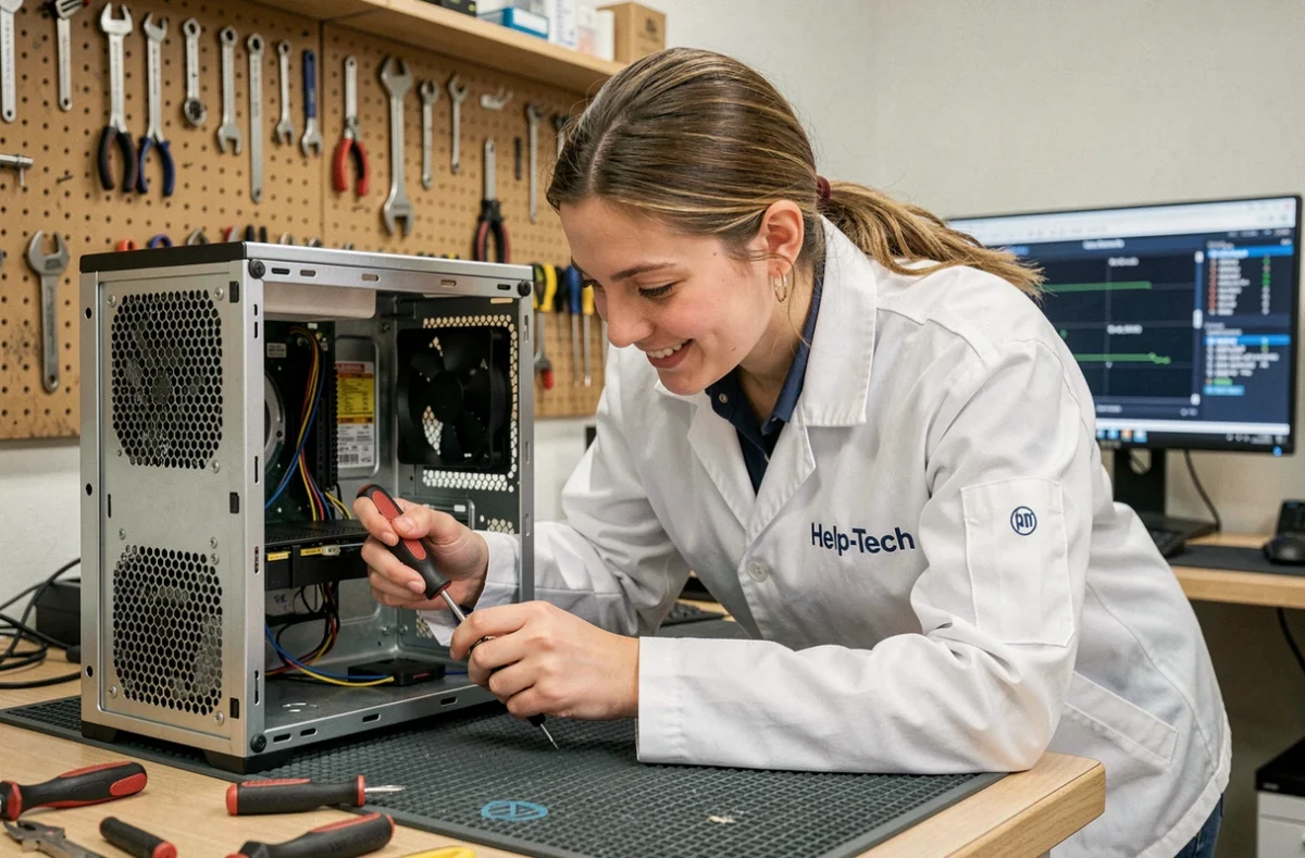 Technicienne Help-Tech effectuant une réparation sur un ordinateur de bureau en atelier